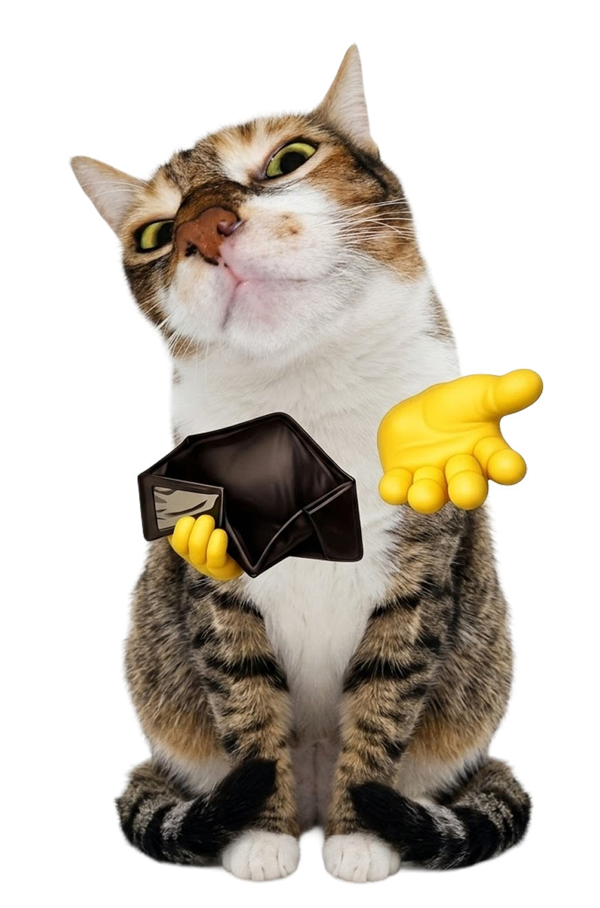 Tabby cat holding an empty wallet, reaching out a paw for money
