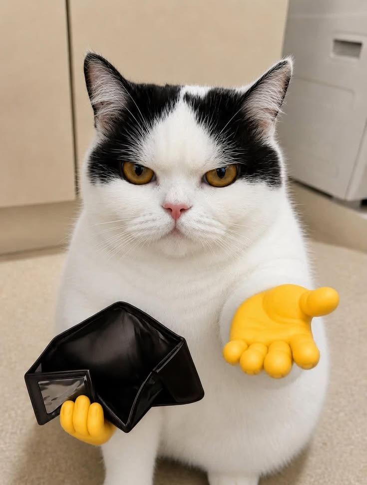 tuxedo cat, empty pockets